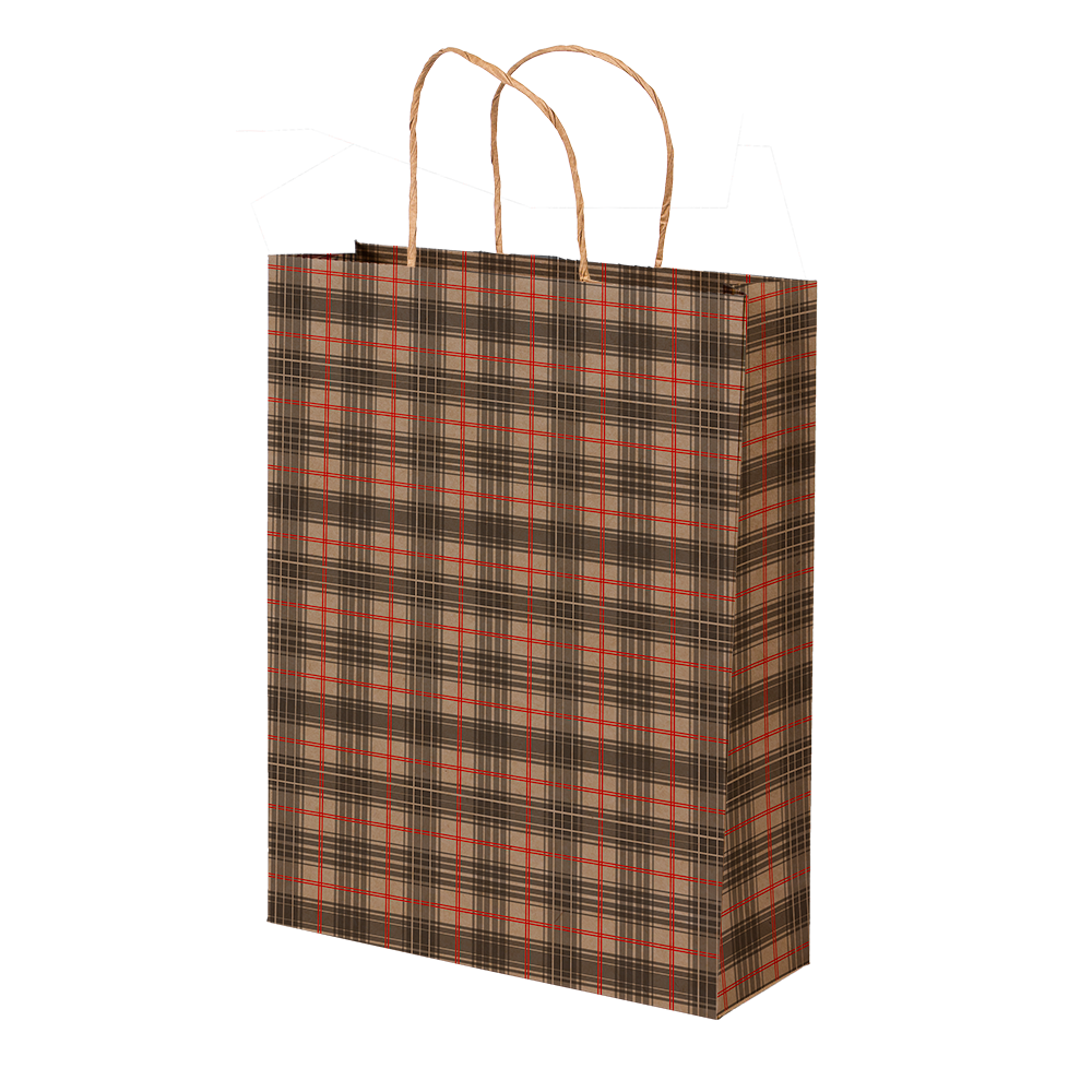 Premium Kraft – Xadrez Vermelho e Cinza – Sacola com alça papel – M