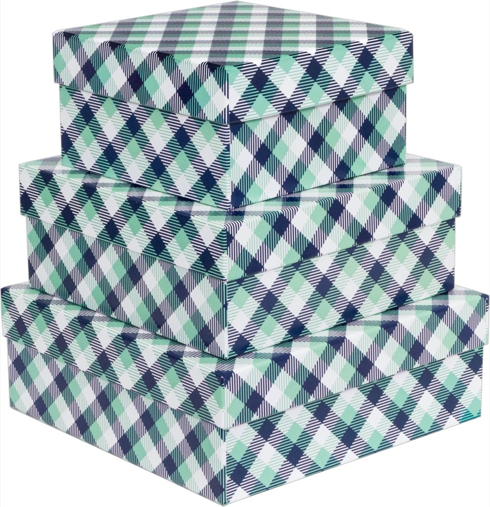 Kit Caixas Rígidas – Quadrado – Xadrez Verde e Azul