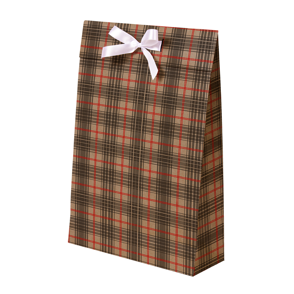 Premium Kraft – Xadrez Vermelho e Cinza – Sacola envelope com alça – M
